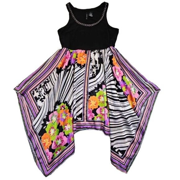 New Directions Halter Scarf Dress Women's Size Small Black Floral Stripes Chain - Picture 1 of 15